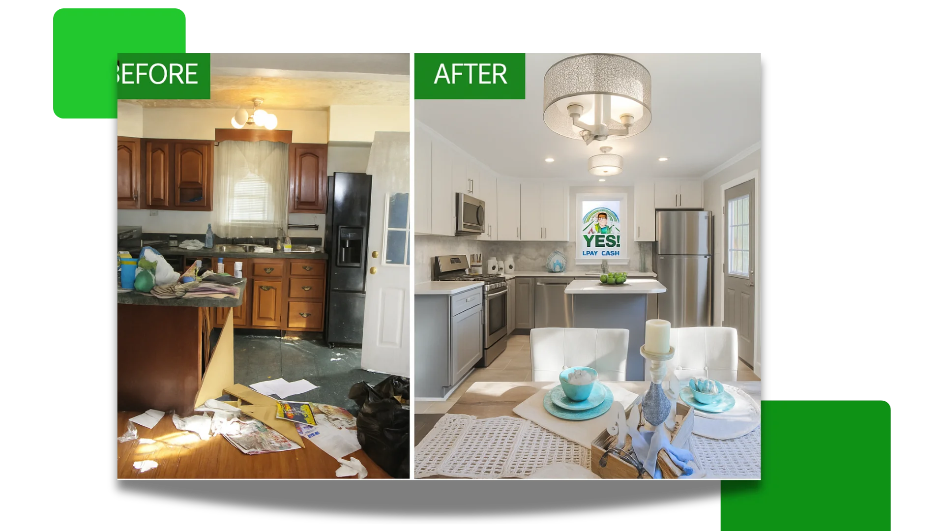 Before and after kitchen renovation of a house we bought for cash in New Jersey